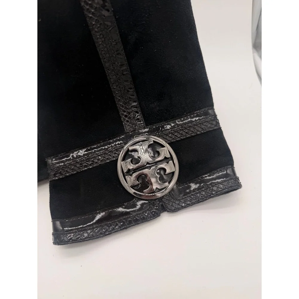 Tory Burch Black Suede Tall Boots Logo Snake Trim Square‎ Toe Block Heel 6M